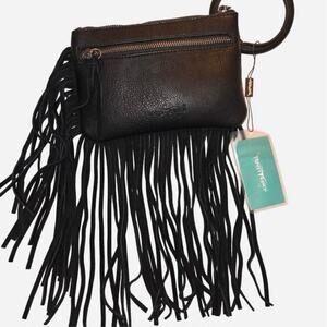 Trinity Ranch Genuine Hair-On Cowhide Ring Handle Wristlet Black Clutch Bag NWT